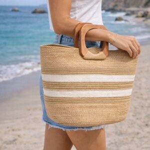Abril Kraft Women’s Jute Tote Gold / White Stripe 16” x 16”